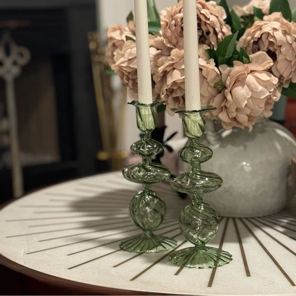 Green Swirl Glass Candlestick, Medium, Set of 2